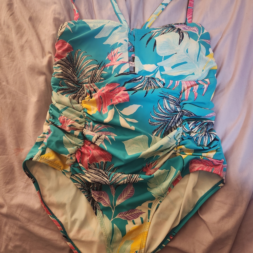 Jantzen Tropical One Piece Swimsuit - Teal and Pink